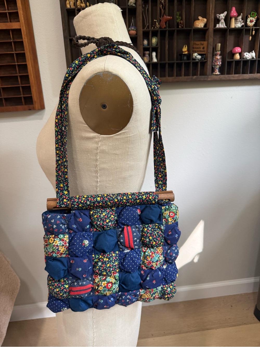 Vintage Handmade Puff Quilted Crossbody/Shoulder Bag in Navy and Multi Floral